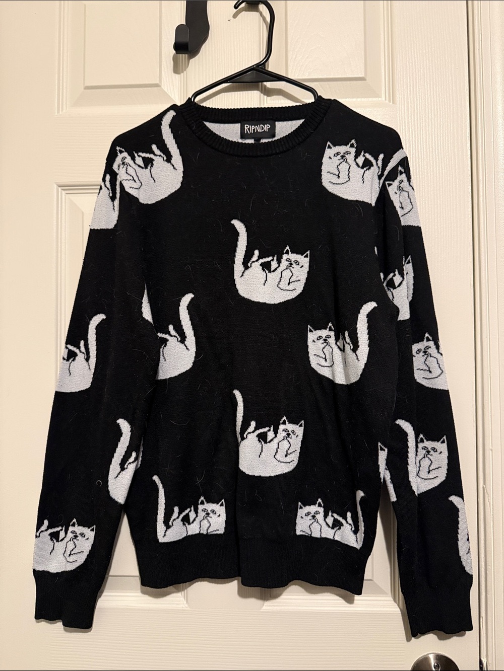 Ripndip Black Sweater with White Cat Pattern